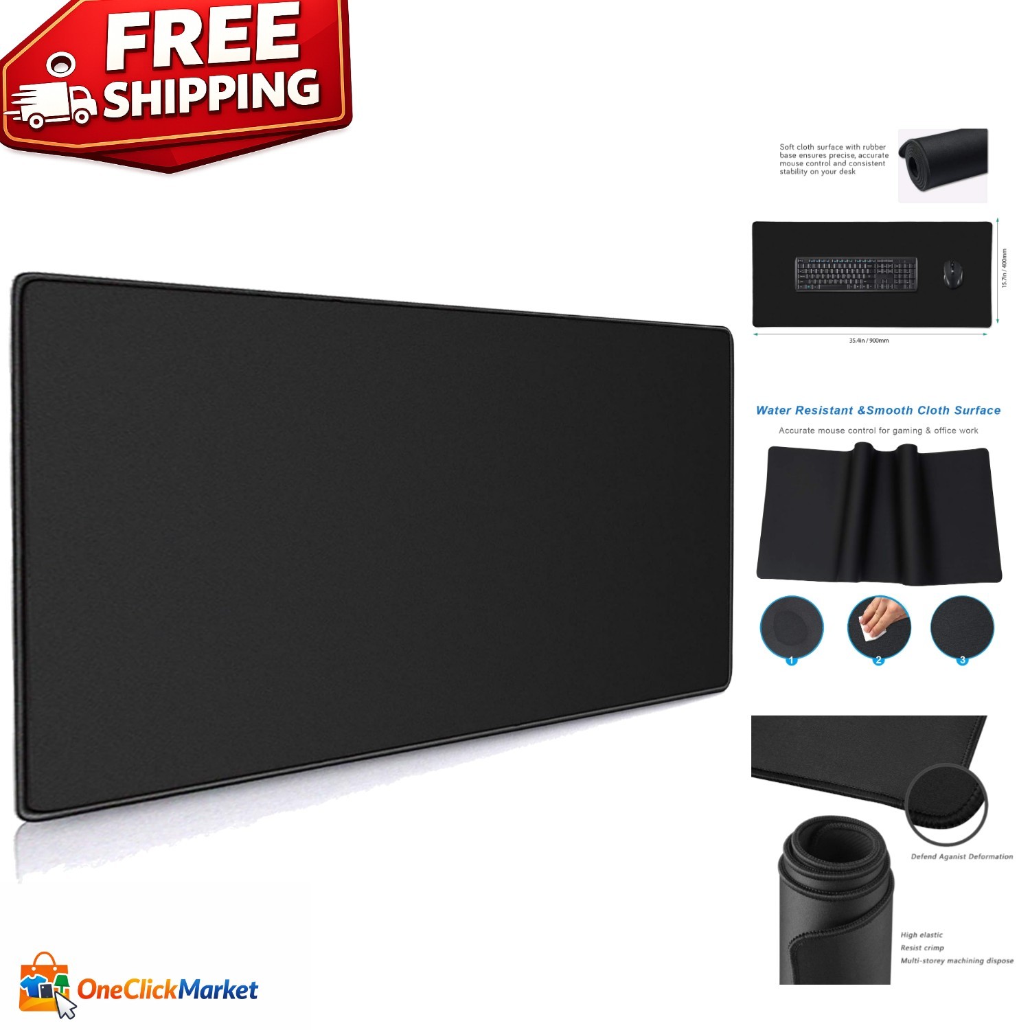 XXL Professional Black Gaming Mouse Pad 35.4x15.7in - Non-Slip & Washable