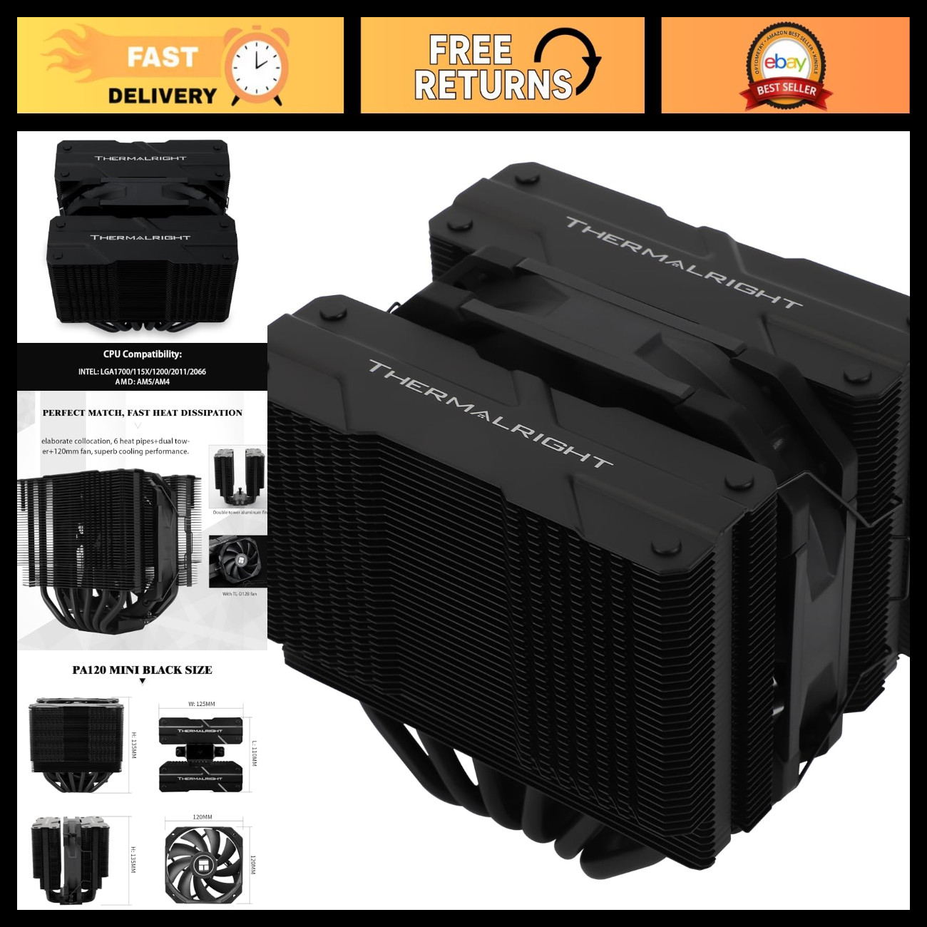 Compact CPU Air Cooler, 6 Heat Pipes, 120mm Fan, Dual Tower Design, AM4/AM5, Int