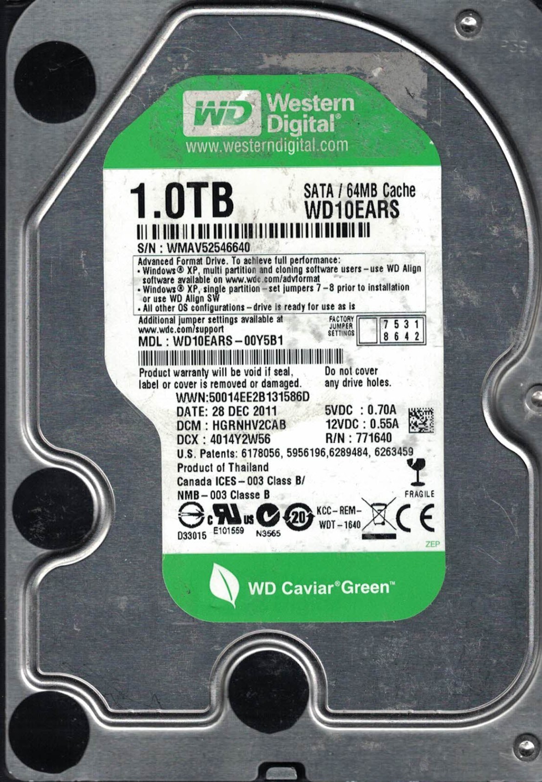 Western Digital WD10EARS-00Y5B1 DATE 28 DEC 2011 DCM HGRNHV2CAB