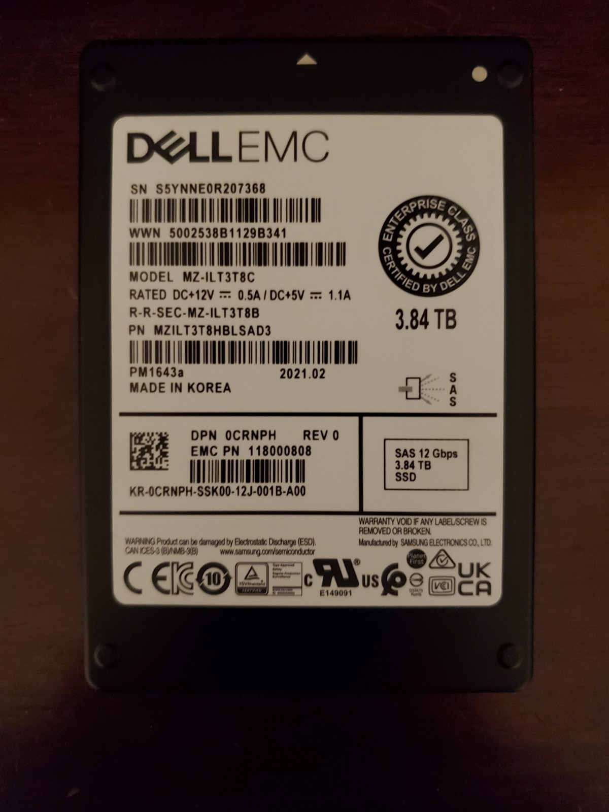 Dell EMC 3.84TB SAS SSD 12Gbs 2.5" PM1643a - MZ-ILT3T8C 0CRNPH brand new