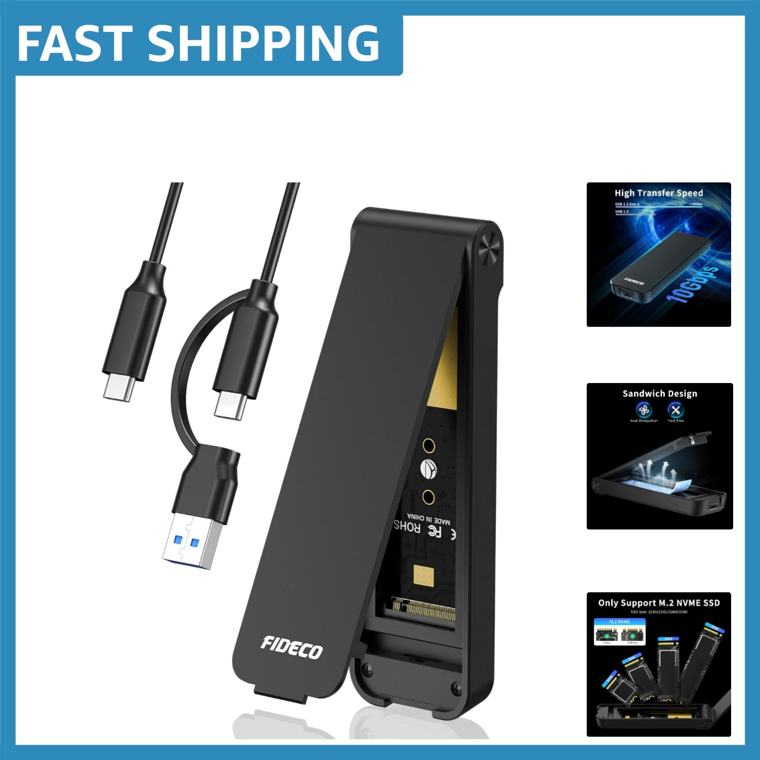 Portable M.2 NVMe to USB 3.2 Adapter - Sandwich Design, Multi-Size Support