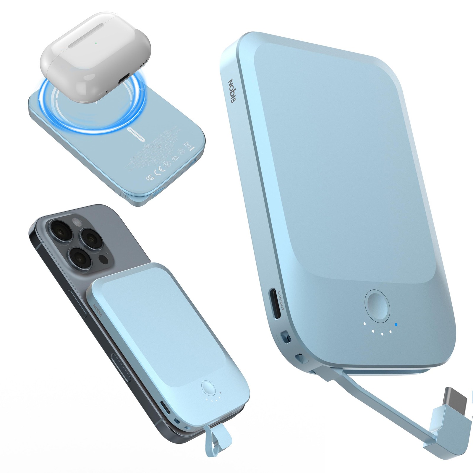 NOBIS Slim Magnetic Power Bank 22.5W 5000mAh with Built-in Cable Blue