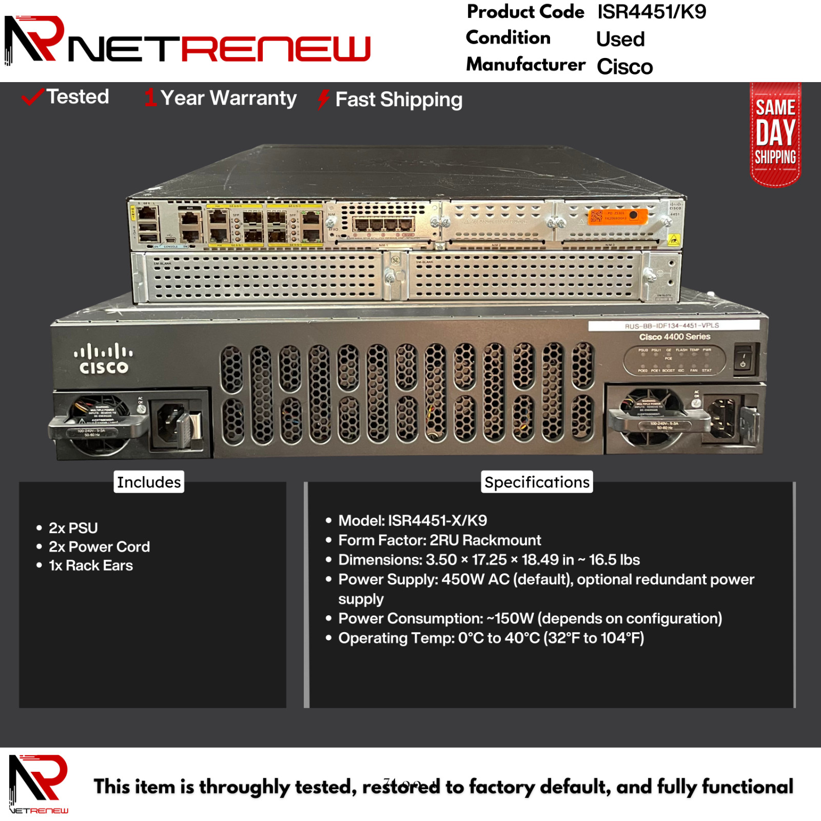 Cisco ISR 4451 ISR4451/K9  Integrated Service IP Base Router