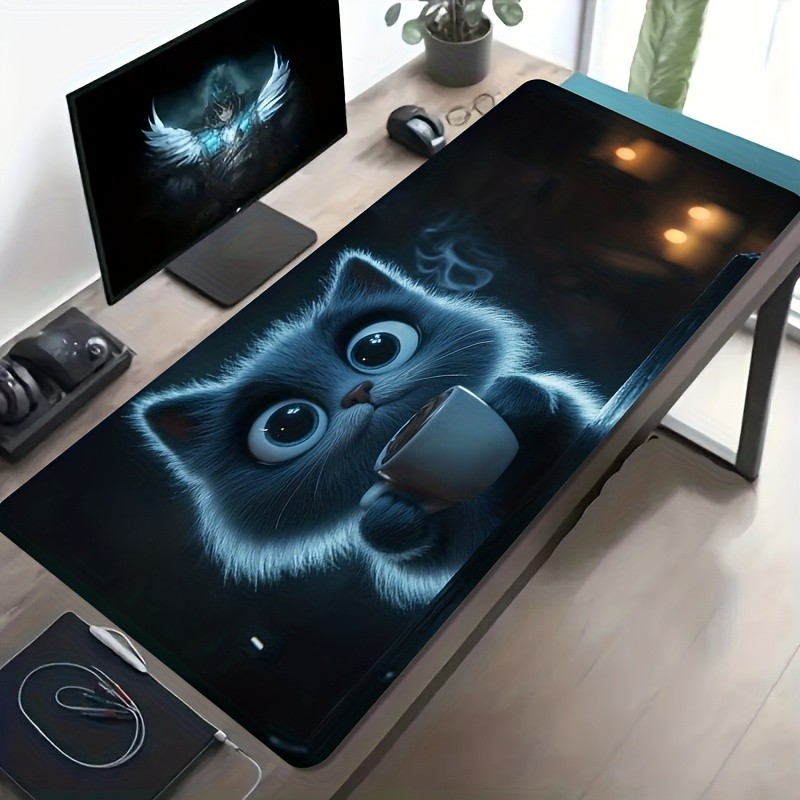 1 Large-sized E-sports Gaming Mouse Pad Featuring a Cute Cat Holding a Coffee