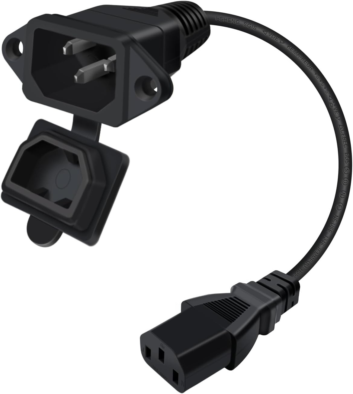 C13 to C14 Panel Mount Power Cable with Waterproof Cover 10A 250V IEC C13 to C14