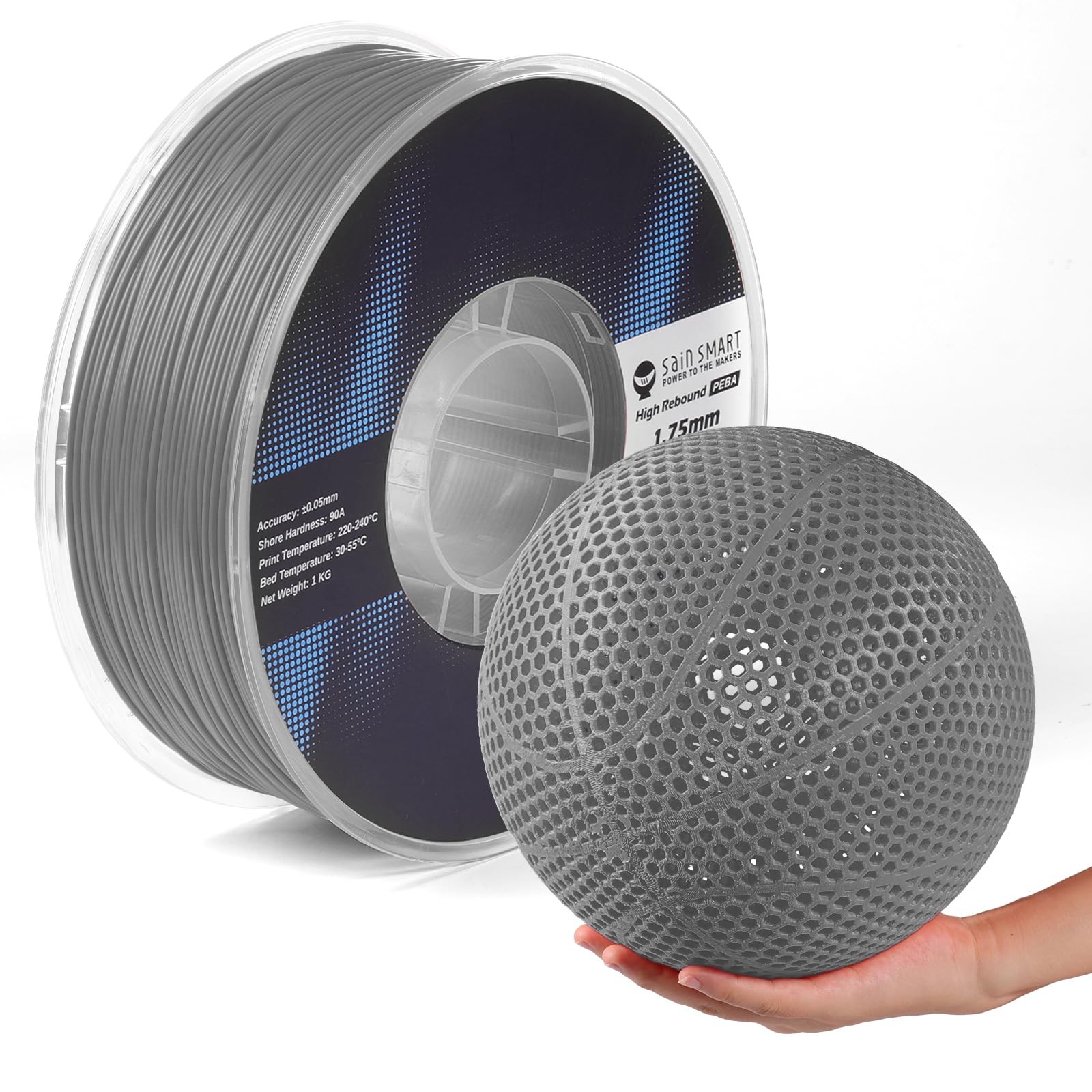 SainSmart PEBA High Rebound 90A Flexible Filament, 1KG (2.2lbs) (Grey)