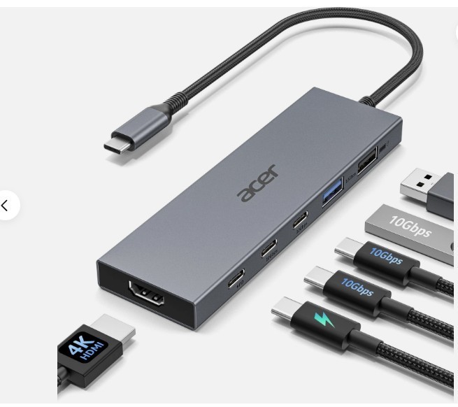 6-in-1 USB C Hub 10Gbps, USB C to HDMI Adapter 4K@60Hz, 2×USB-C 3.2, 1×USB Acer