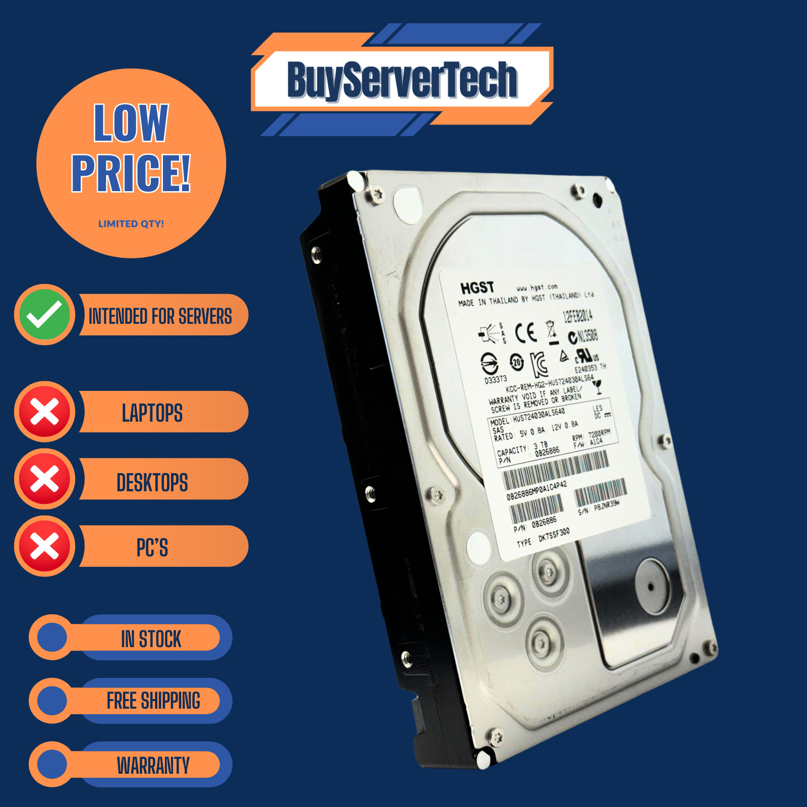 HGST Ultrastar 3TB 7200RPM 3.5" SAS HDD HUS724030ALS640 0B26886 64MB 0HRS Ent
