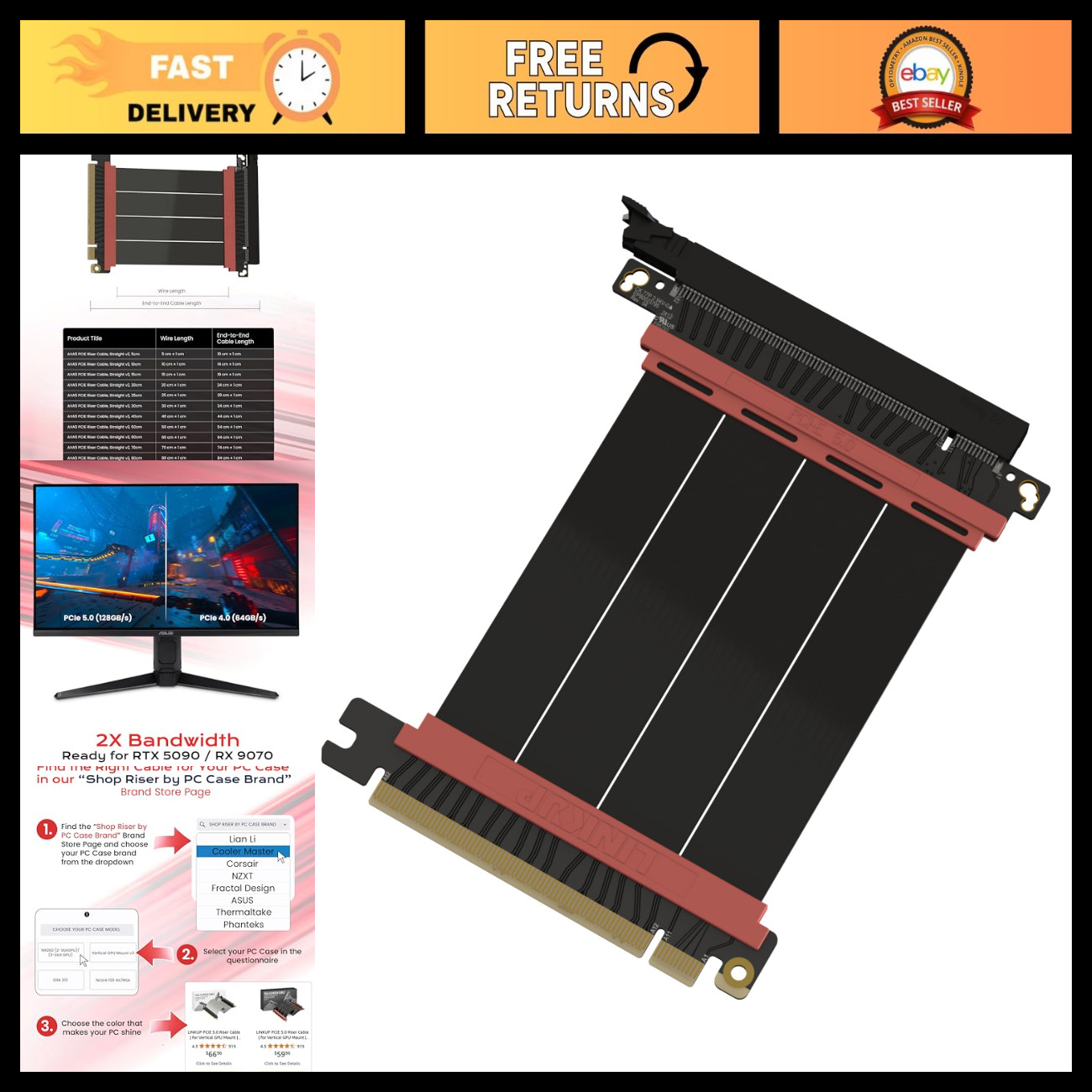 PCIe 5.0 Riser Cable | Vertical GPU Mount | Straight Connector | 10cm Length