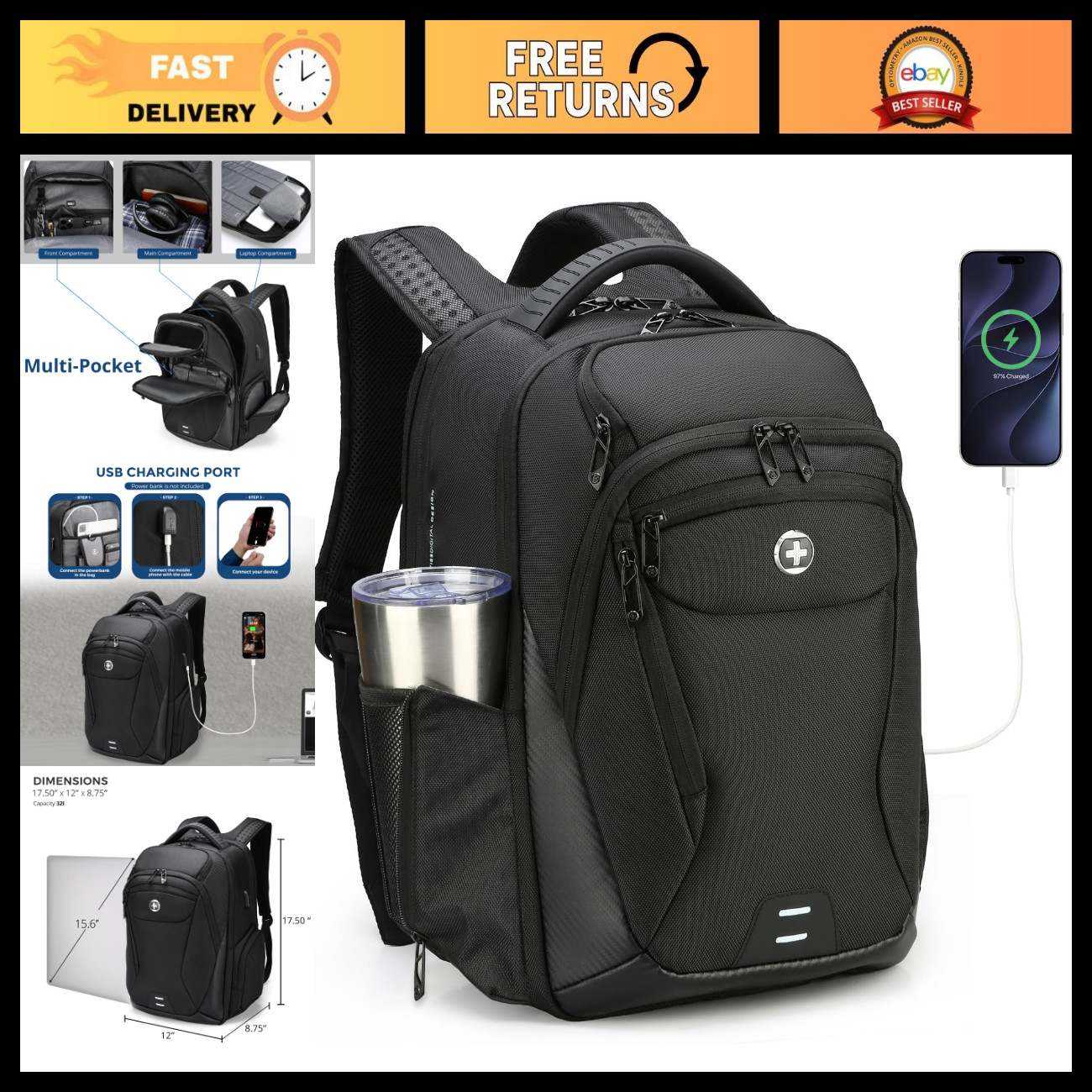 Stylish Laptop Backpack for Men, Fits 15.6" Computers, Water-Resistant, Multi-Po