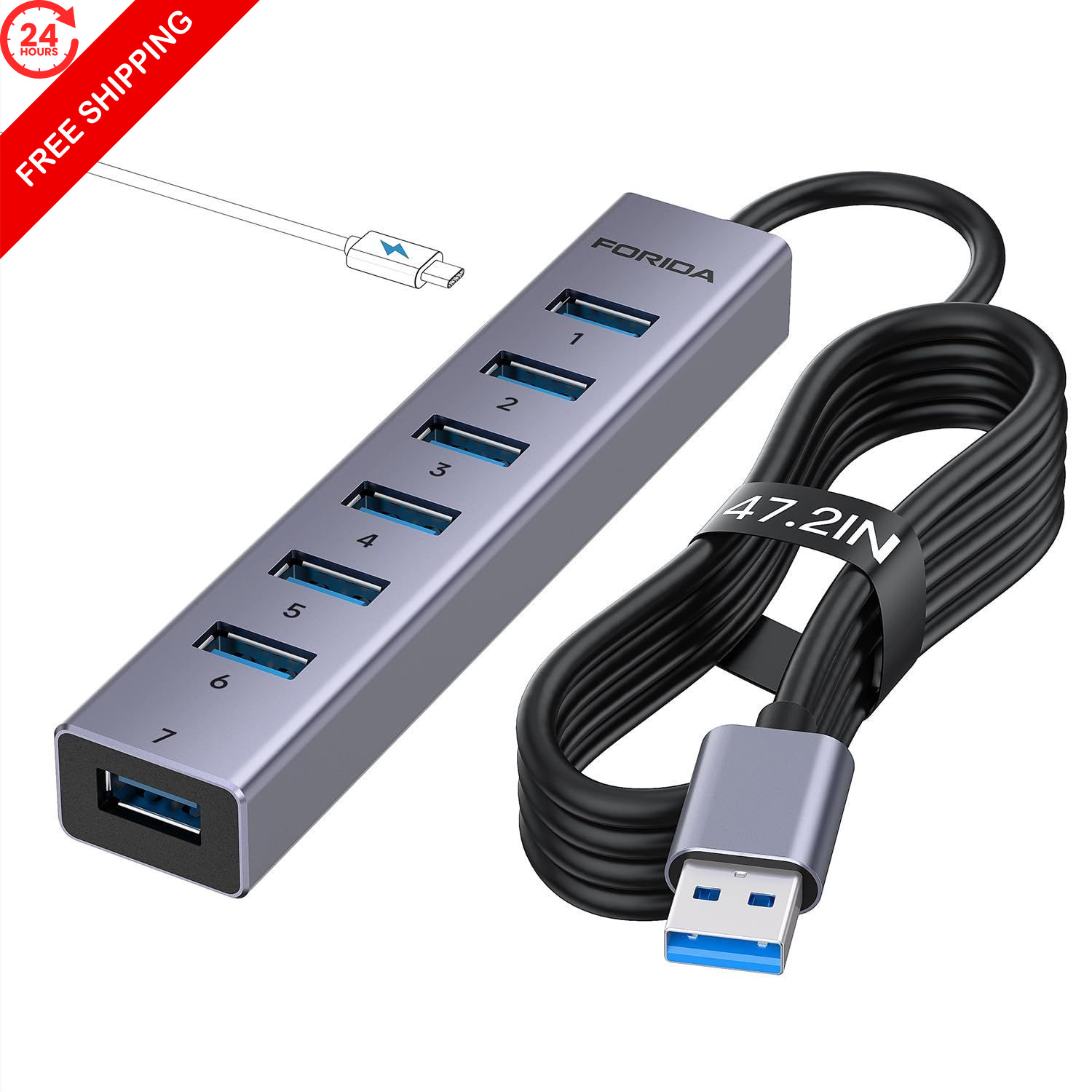 FORIDA Aluminum 8-Port USB Hub Long Cable Splitter A, 47.2in Gray