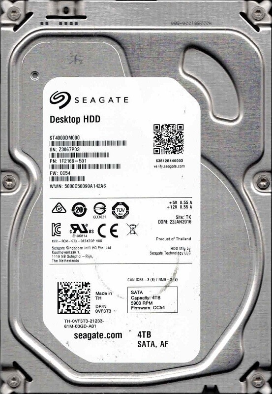 ST4000DM000 P/N: 1F2168-501 F/W: CC54 TK Z30 JAN 2016 Seagate 4TB