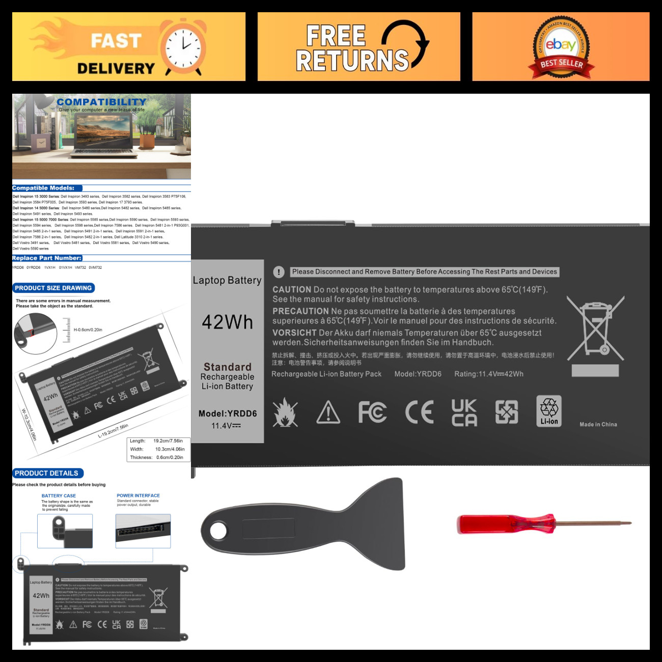 High-Capacity 11.4V 42Wh Battery for Dell Inspiron 2-in-1 Laptops, Compatible Mo