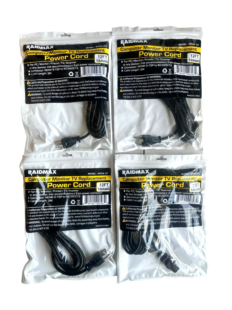 Power Cord 12ft 18 Gauge 3 Pin Power Cord PC TV Monitor Printer *LOT OF 4*