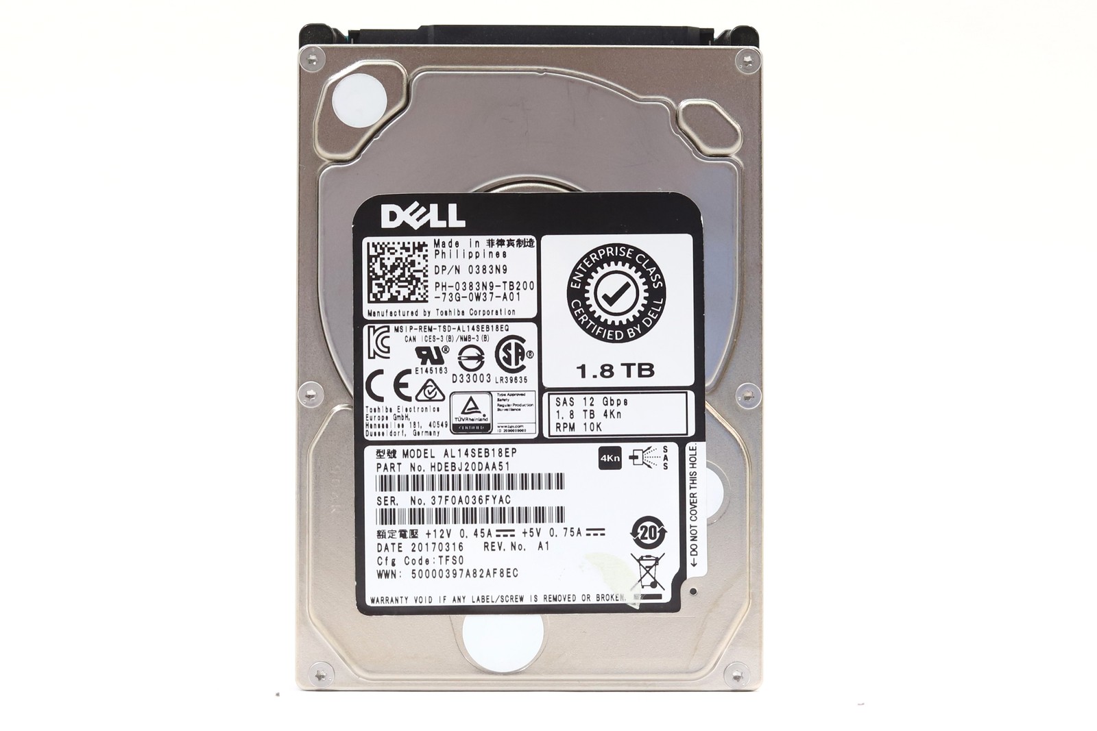 Dell AL14SEB18EP 1.8TB 2.5" 12Gb/s 10K RPM SAS Hard Drive Dell P/N:0383N9 Tested