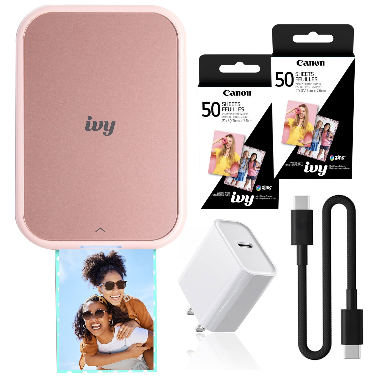 Canon IVY 2 Mini Photo Printer Bluetooth ZINK 2x3 Blush Pink Essentials Bundle