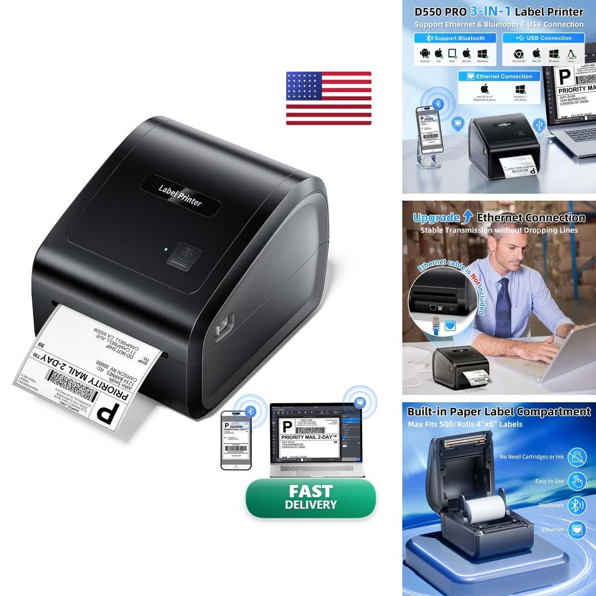 Omezizy D550 Pro Bluetooth Thermal Label Printer 4x6 Built-in Paper Bin