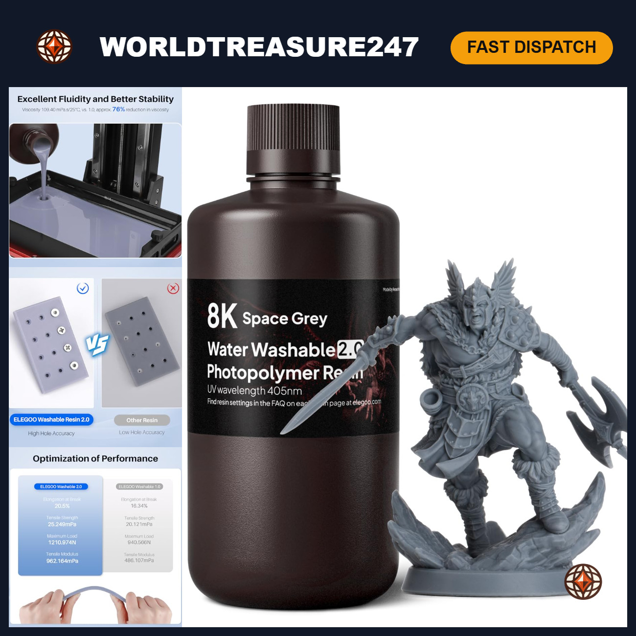 8K Water Washable 3D Printer Resin Space Grey - High Precision, 1000G, Low Odor
