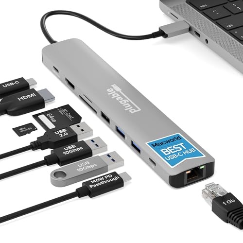 Plugable USB-C Hub 9-in-1: 140W PD, 4K HDMI, Ethernet