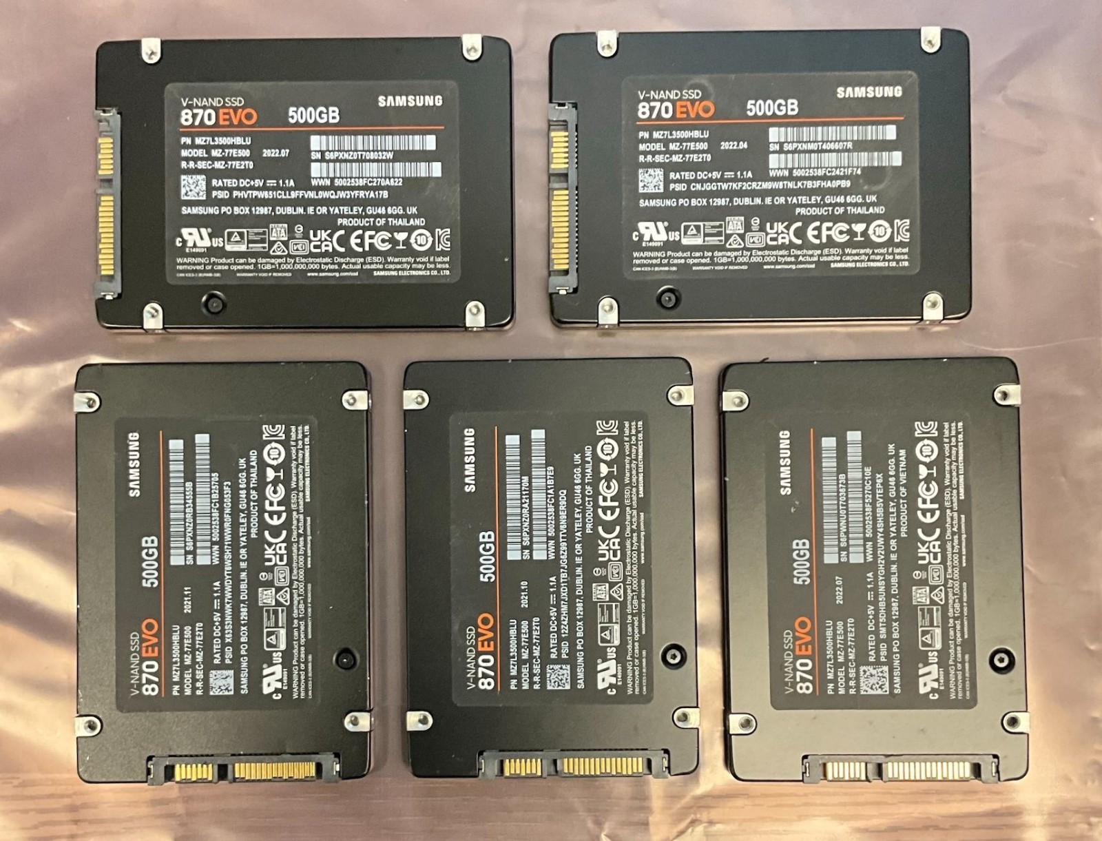 LOT OF 5 Samsung 870 EVO 500GB 2.5" SATA SSD TLC DRAM 95% or Better