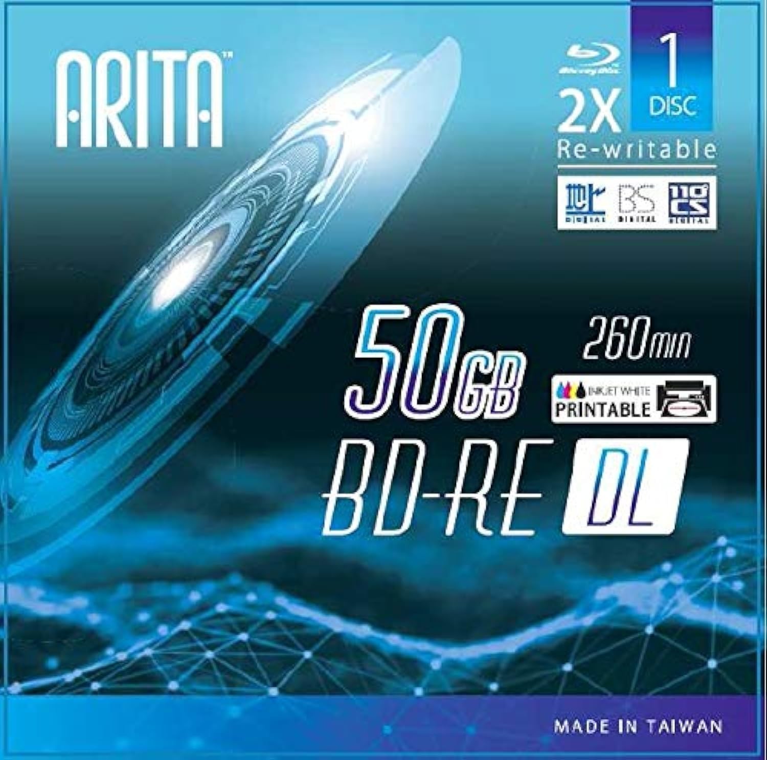 1 Pack Arita BD-RE DL Rewritable 50GB Double Layers 2X 260Min White Inkjet Hu...