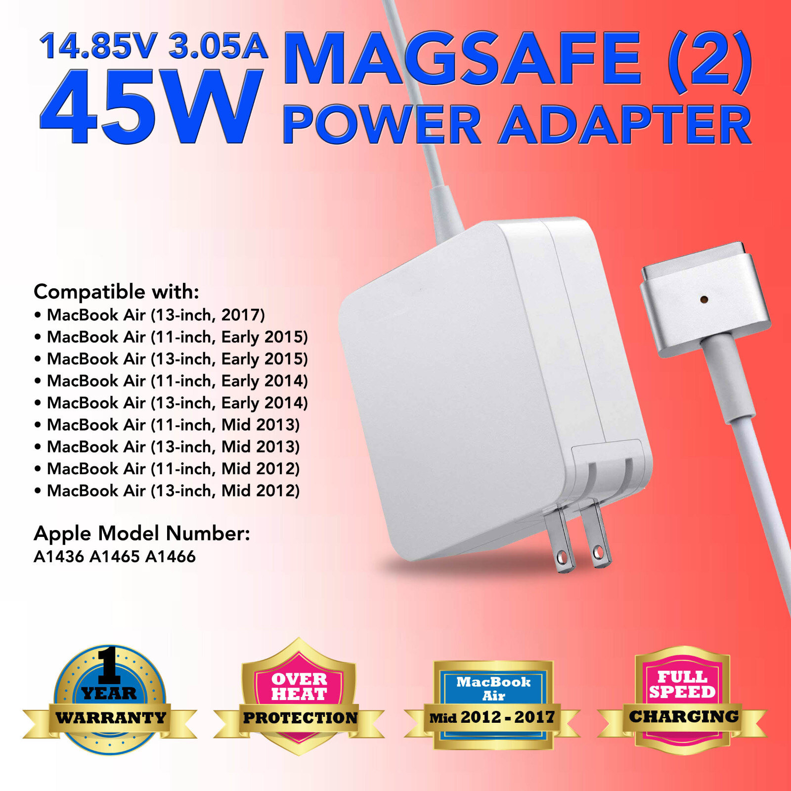 45W 14.85V Charger Adapter Power Cord for Apple Macbook Air 11" 13" A1466 A1436
