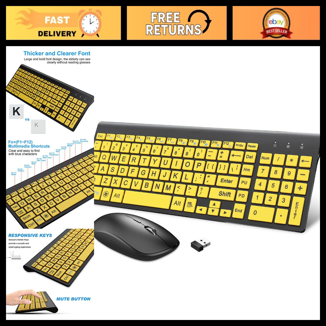 Wireless Large Print Keyboard & Mouse Set - USB, Quiet Scissor Switch, Yellow fo