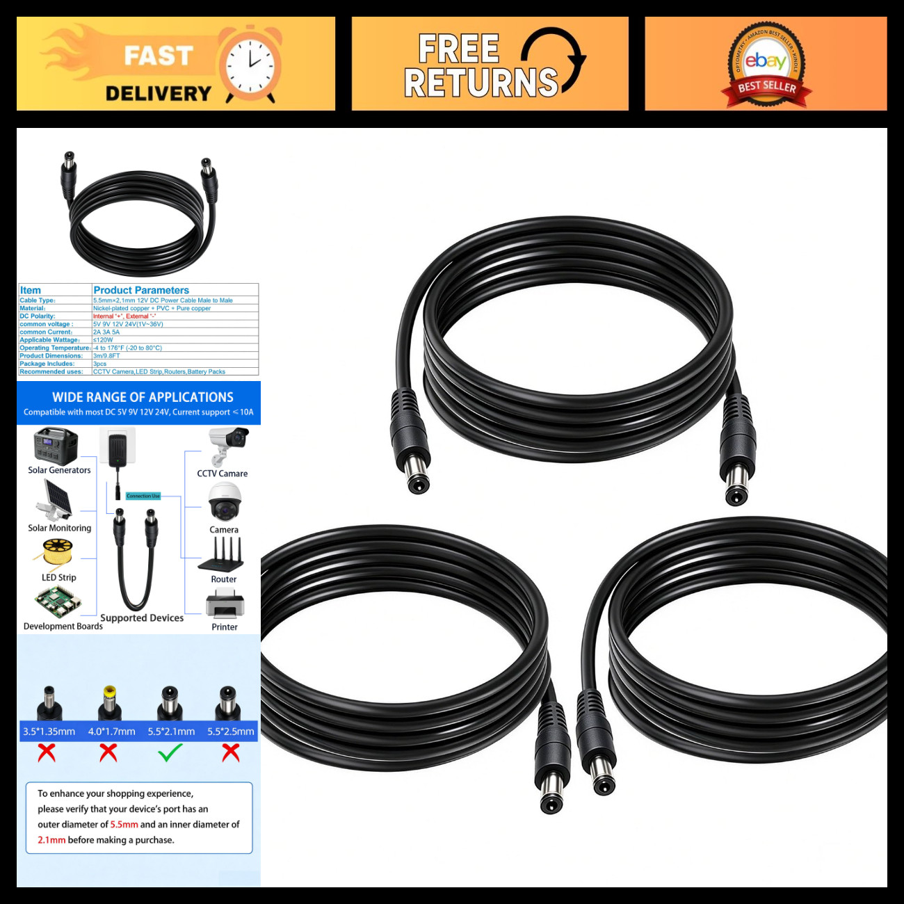 5.5mm x 2.1mm DC Power Cable - 3-Pack, 9.8FT Length, Durable Connector Cords