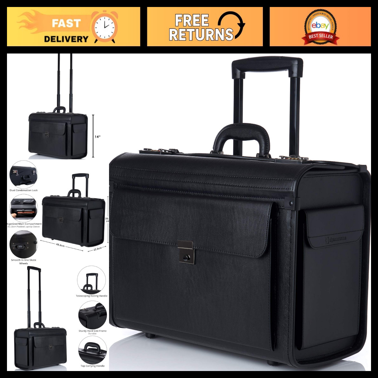 Rolling Laptop Briefcase on Wheels - 17" Legal Size Attache Case for Lawyers