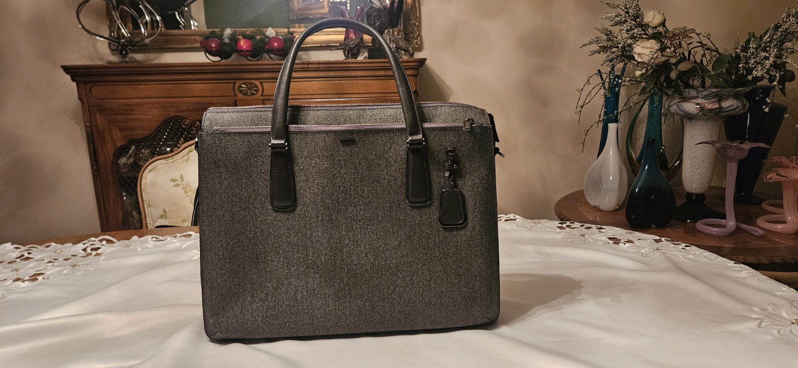 Tumi Sinclair Leather  Laptop Commuter Briefcase Grey Leather Multi Pockets...