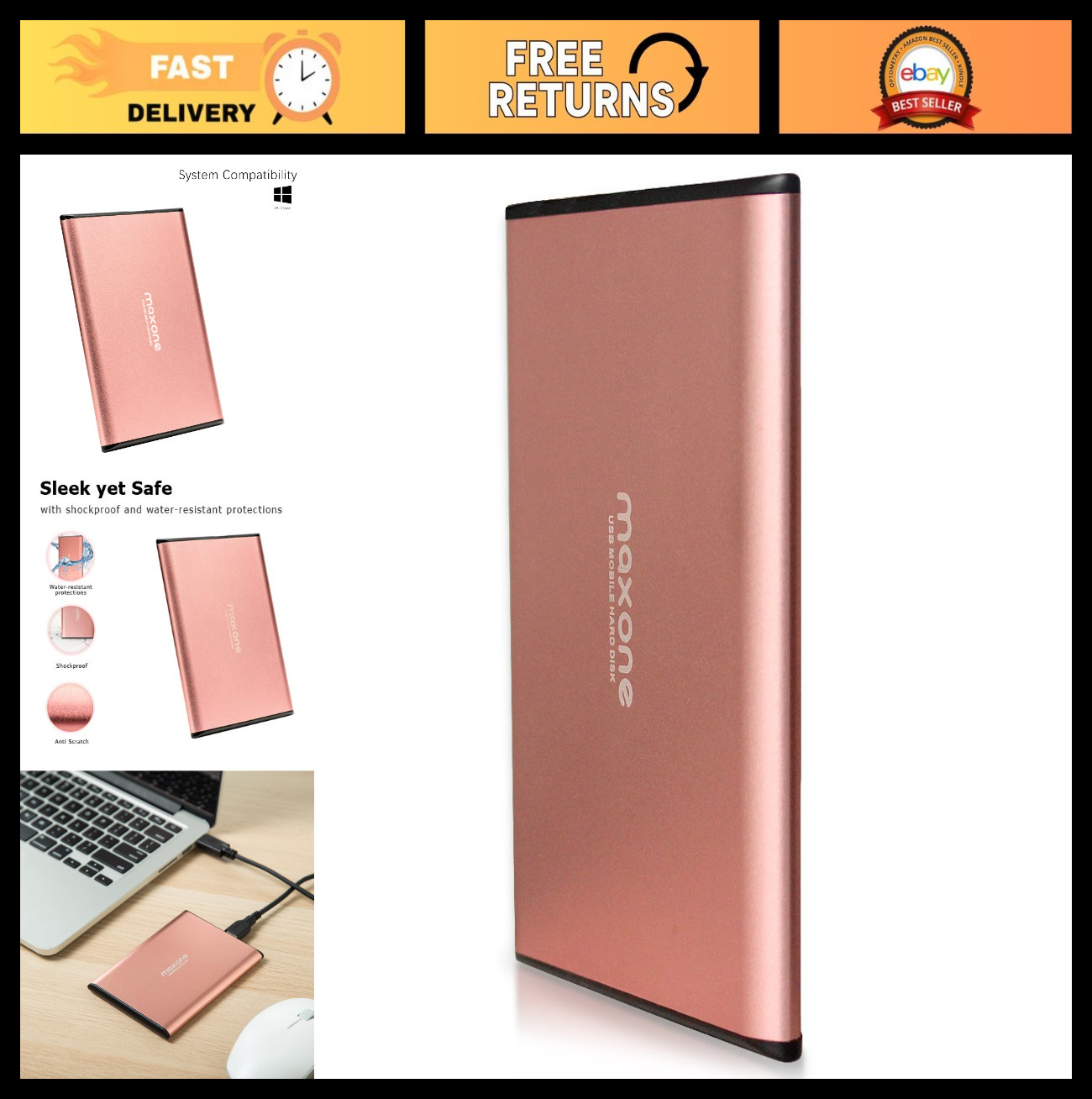 320GB Ultra Slim Portable External Hard Drive USB 3.0 for PC & Laptop - Rose Pin