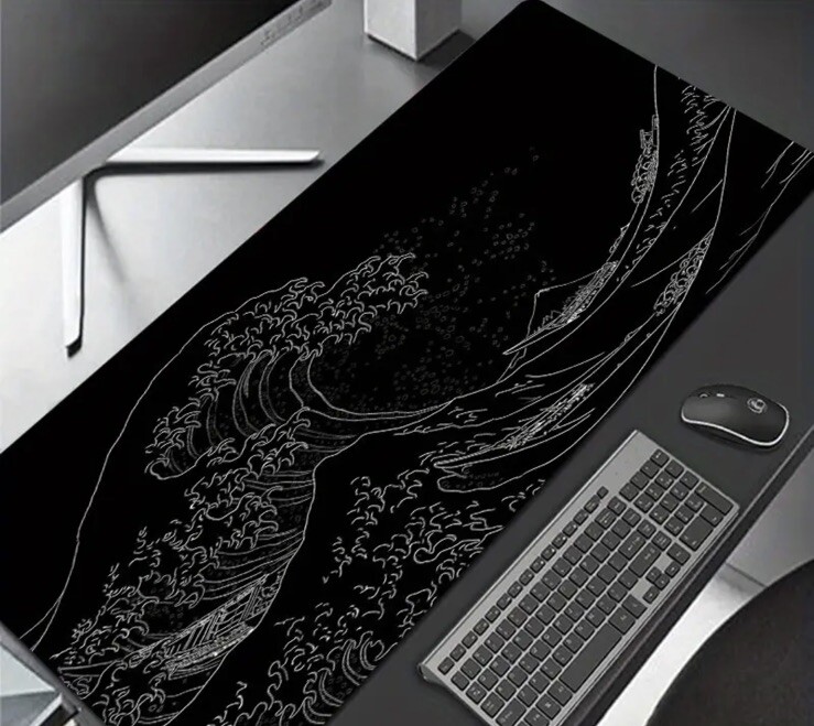 Black And White Japanese Sea Waves Mousepad - 27.5 x 15.7 inches