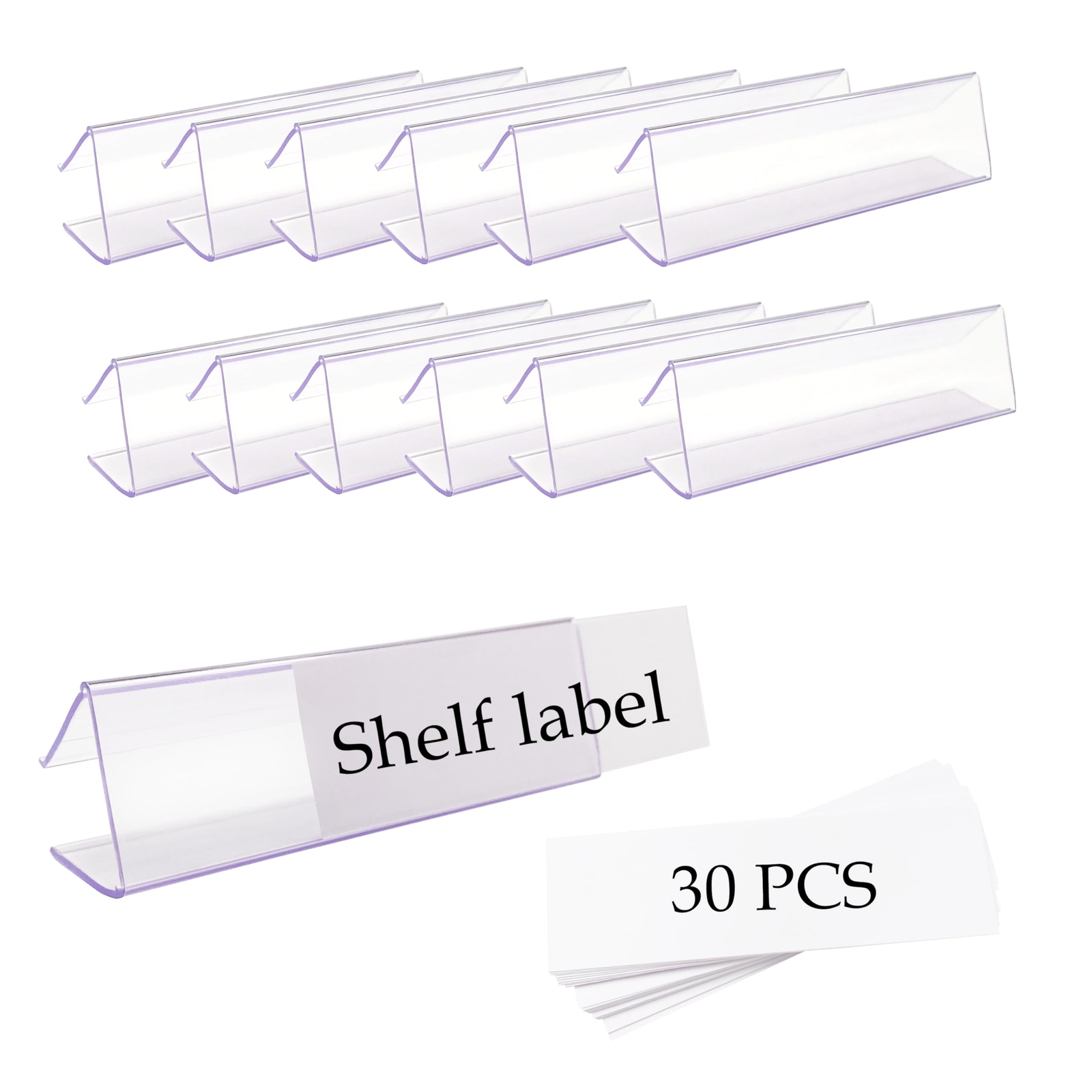 30 Pack Clear Plastic Shelf Label Holder with Insert Paper Labels for Wood Shelf