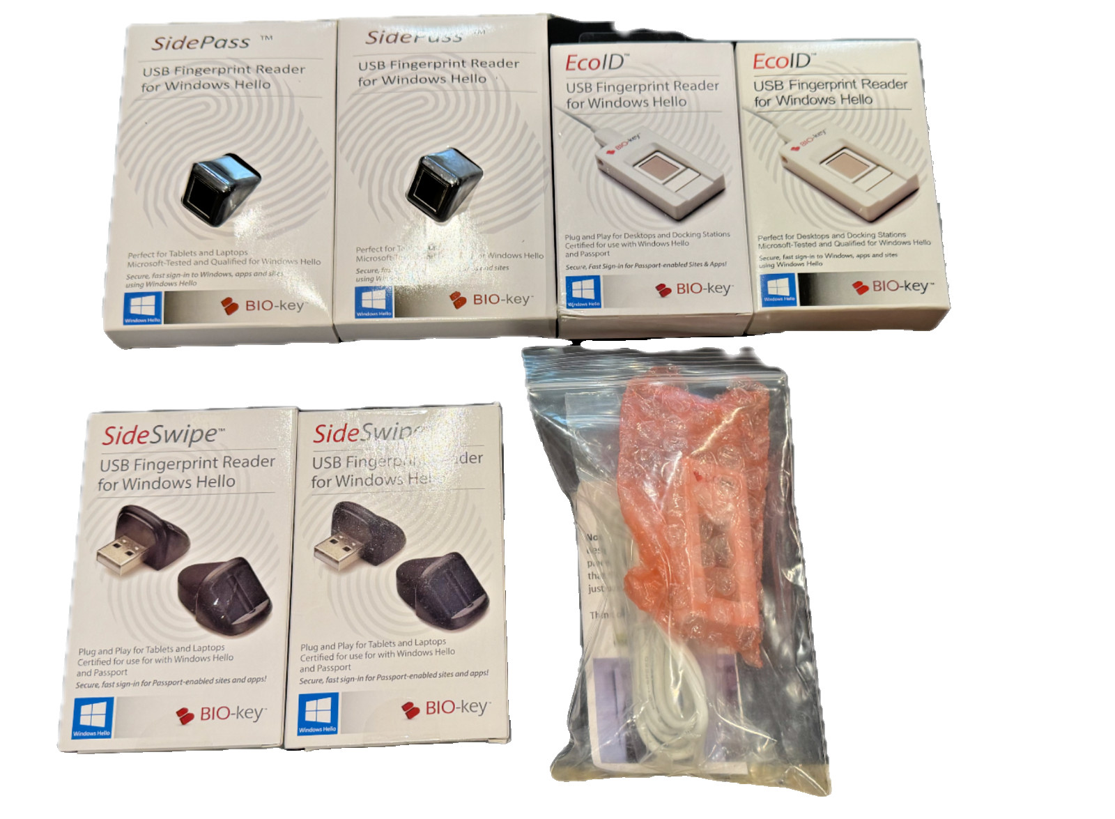 Lot of 8 BIO-key USB Fingerprint Readers – SideSwipe, SidePass, EcoID – Windows 