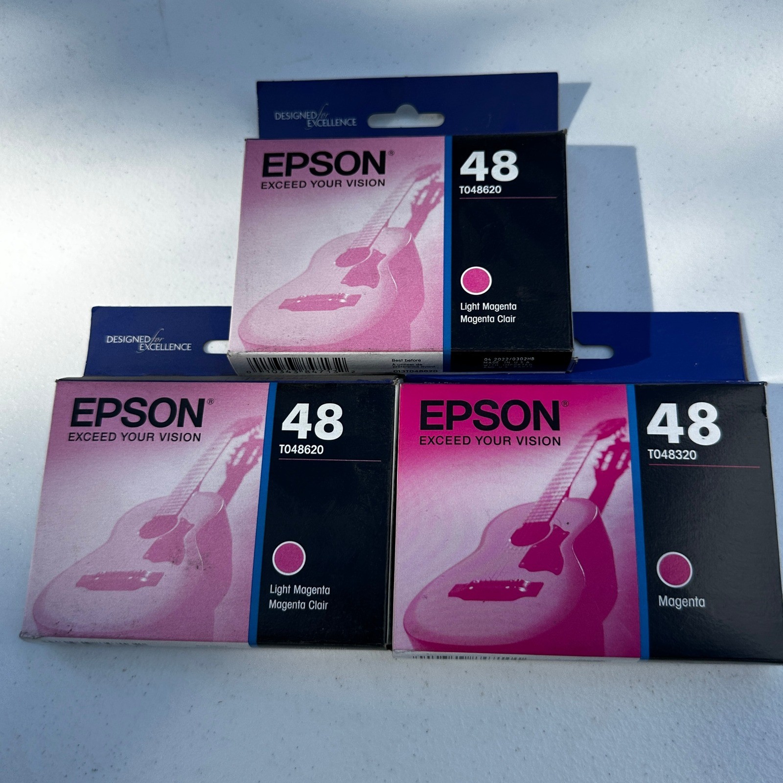 Set of 3 Epson 48 Light Magenta, Magenta Ink Cartridge EXP 01/2022 T048620, T048