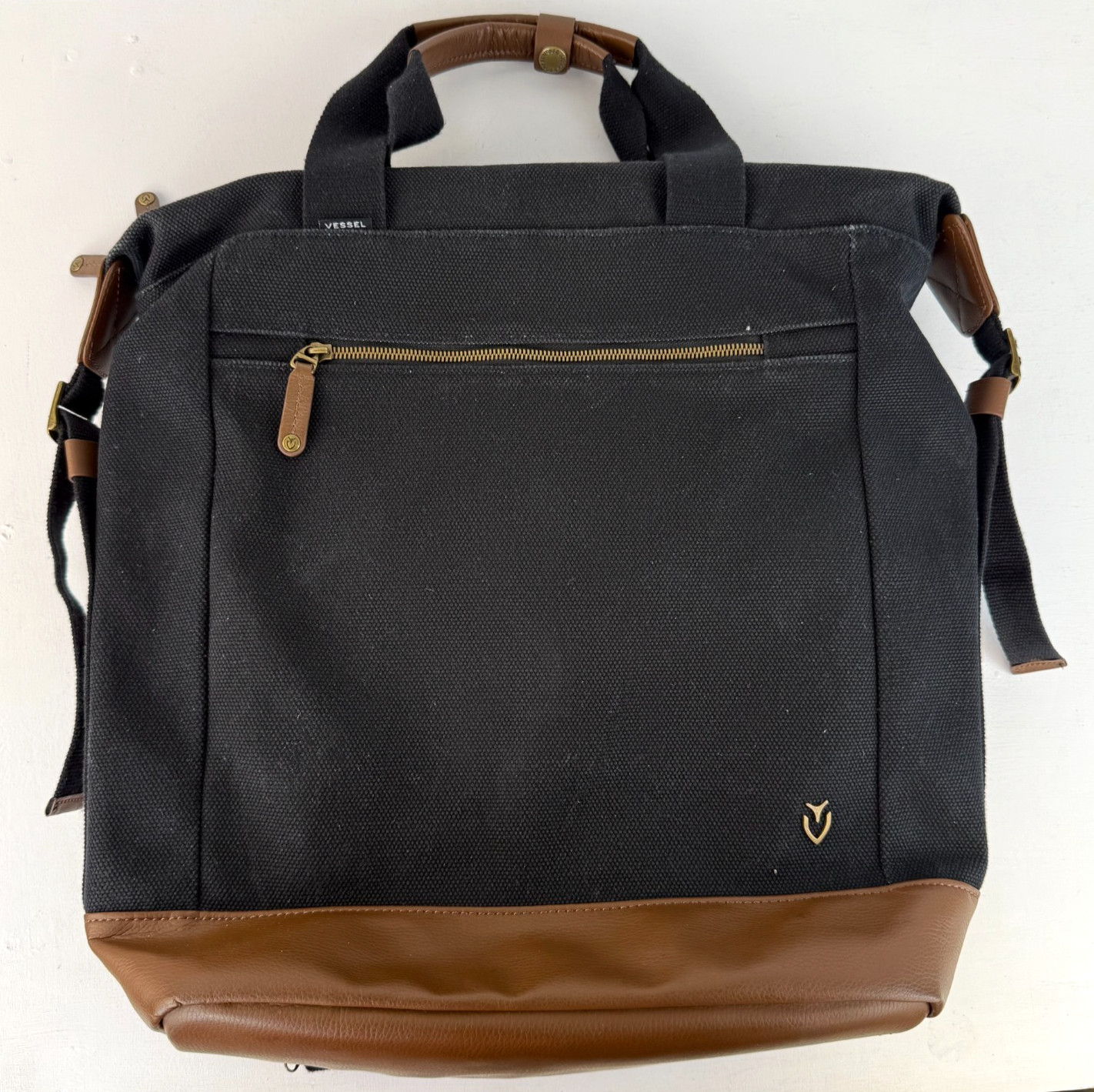 VESSEL Heavy Canvas and Faux Suede Synthetic Leather Backpack - Black/Brown