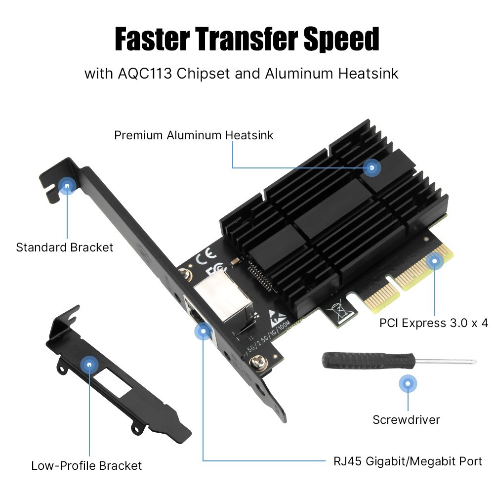 AQC113 10Gbps PCI-E ×4 Ethernet Lan Card RJ45 Port Desktop Adapter Dual Bracket