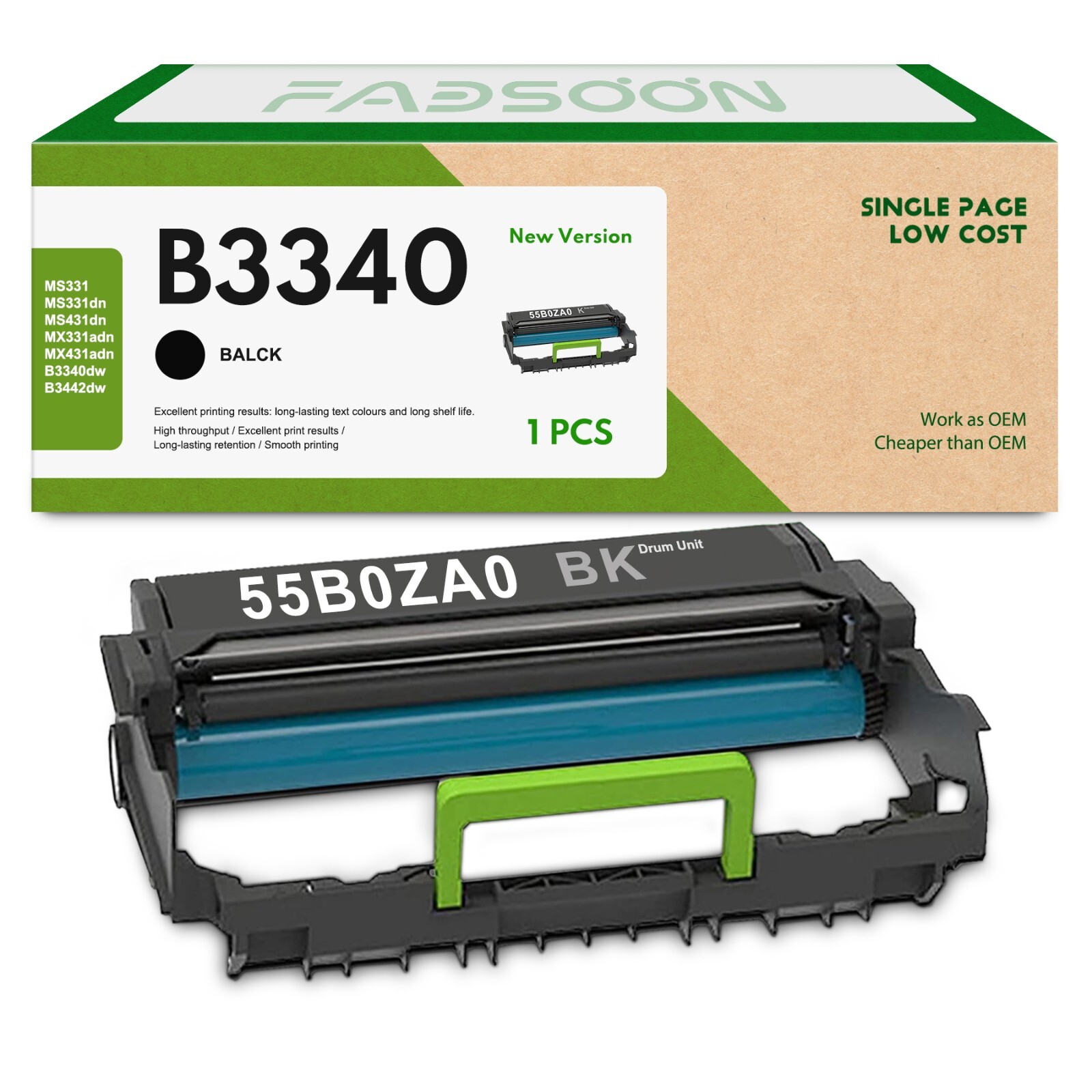 55B0ZA0 1PK Drum Unit for B3340dw B3442dw MB3442i MS431dw MX331adn MX431adn 1pk