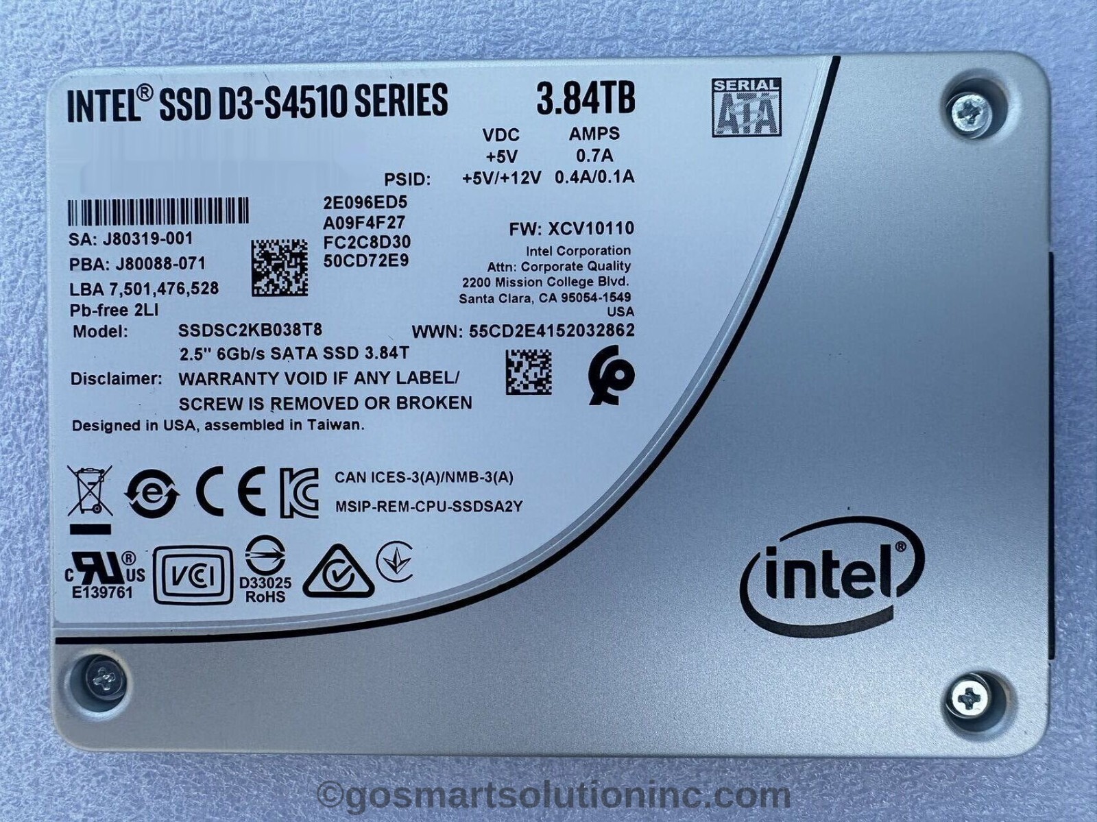 Used Intel D3-S4510 Series 3.84TB SATA 6Gb/s 2.5'' SSD SSDSC2KB038T8