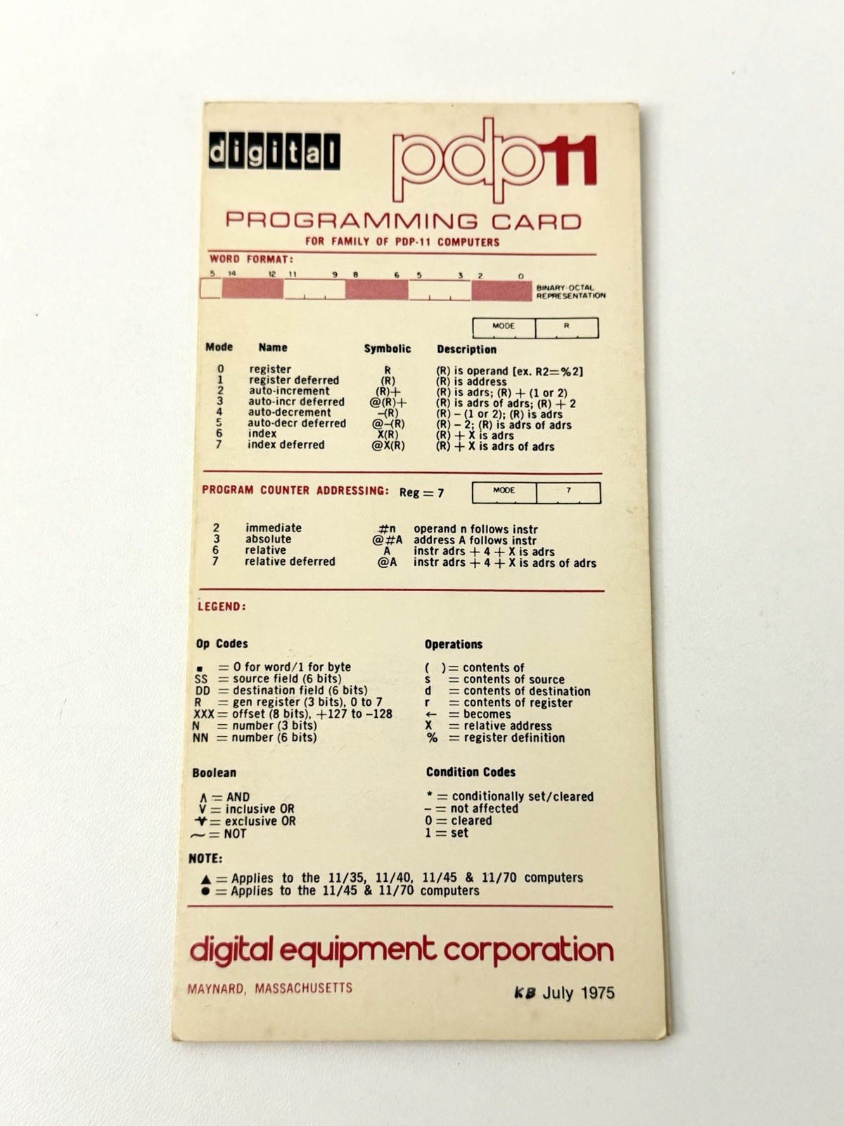 Digital Equipment Corp (DEC) PDP11 Digital Programming Card July 1975