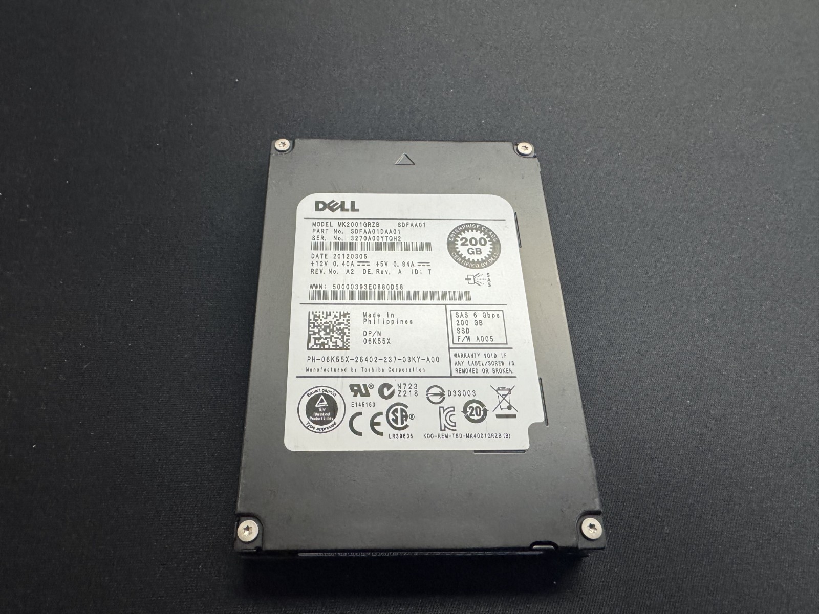 Dell Toshiba 200GB SAS SSD 2.5in 6Gb/s 6K55X Drive 06K55X MK2001GRZB