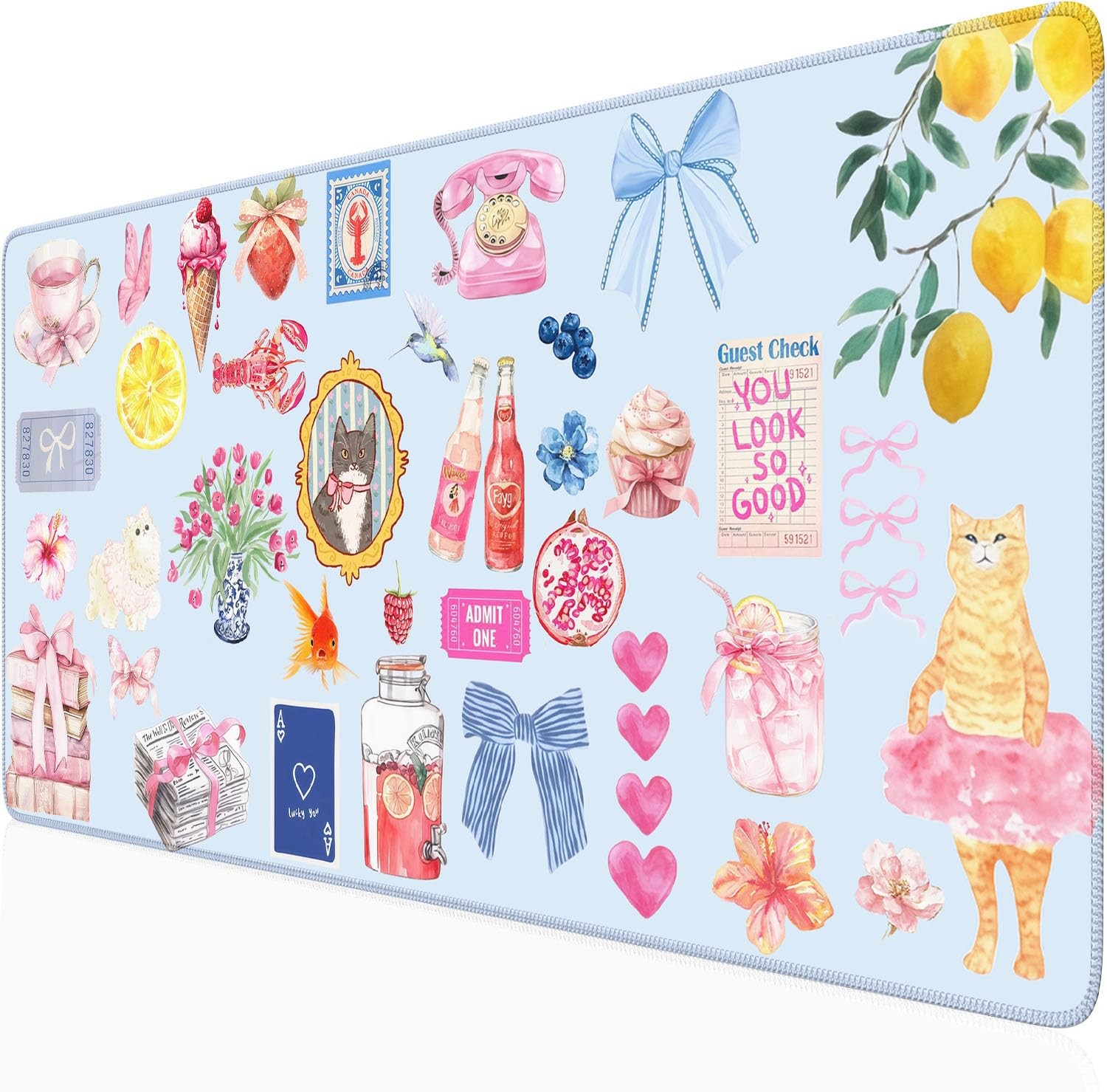 Cute Blue Desk Mat Kawaii Cat Pad Vintage Large XXL Mousepad Computer Keyboar...