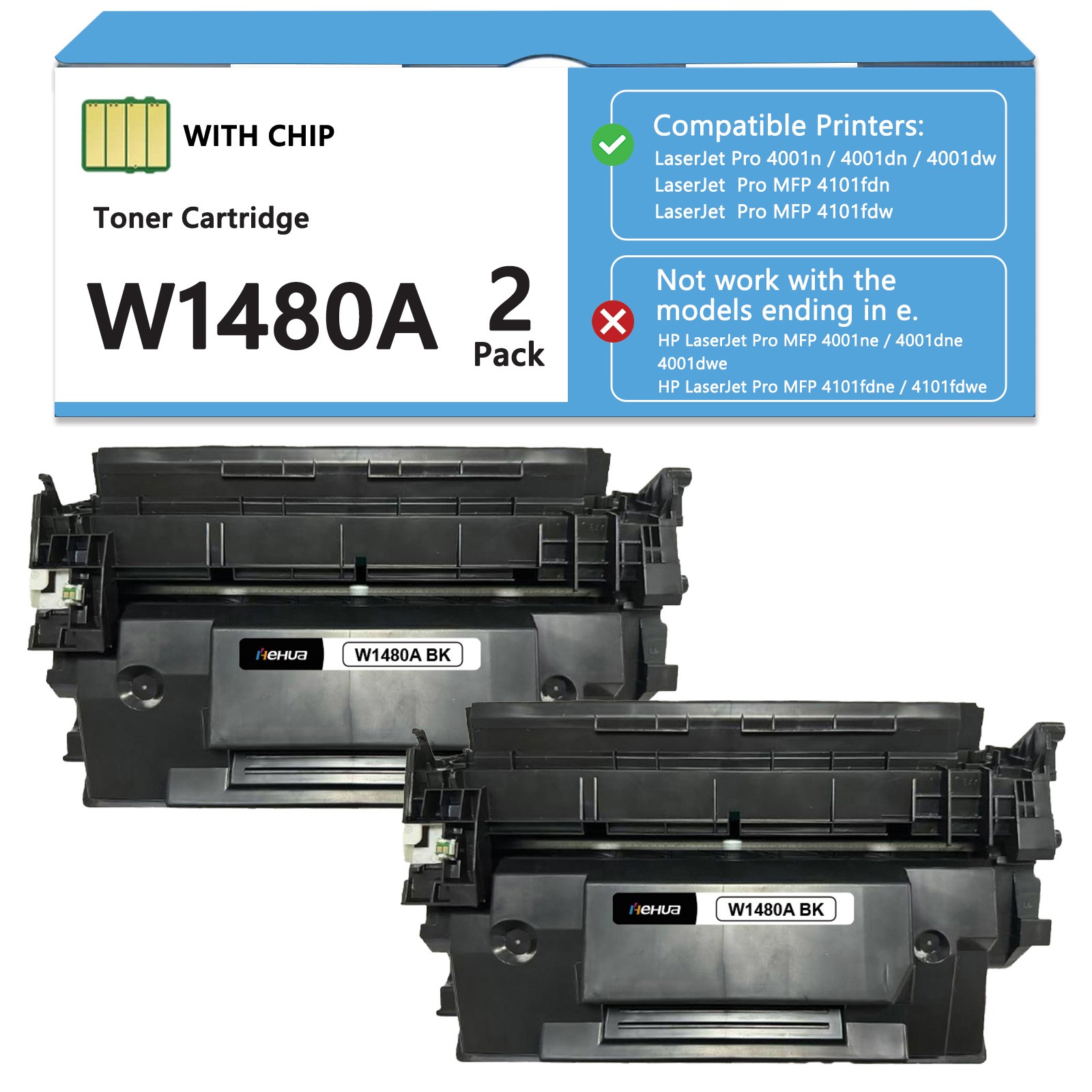 2PK W1480A 148A Toner Cartridge for HP LaserJet Pro 4001dn MFP 4101fdw New Chip