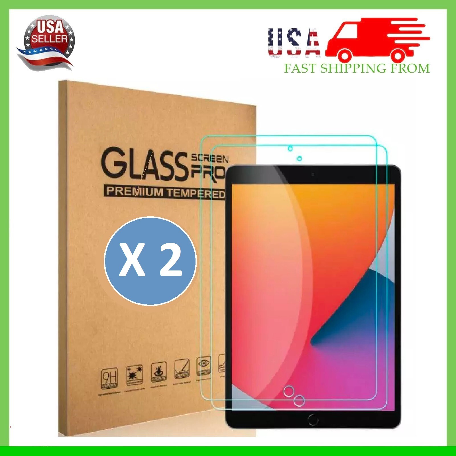 {2-Pack} HD Clear Tempered Glass Screen Protector For iPad 10.2 7th 8th 9th Gen