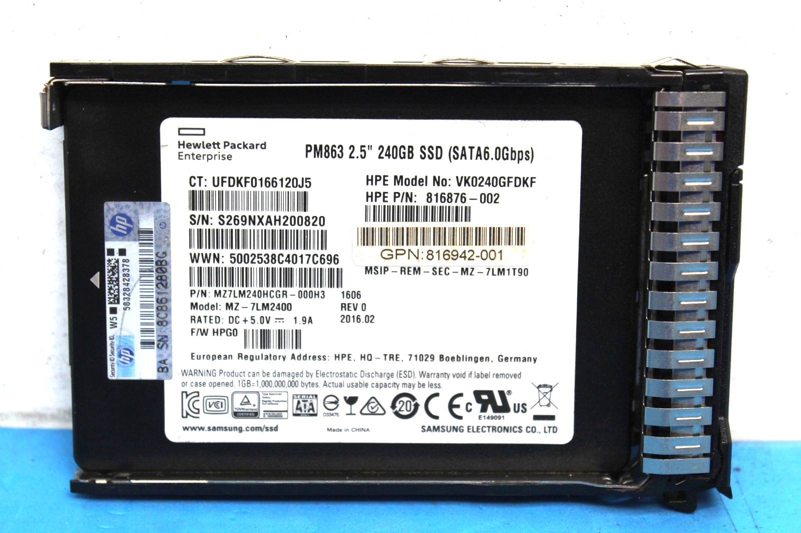 HPE SAMSUNG PM863 240GB SATA 2.5” SSD 816876-002 VK0240GFDGWCFE MZ-7LM2400 T9-A2