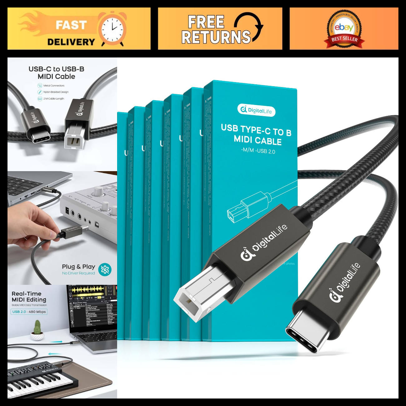 USB C to USB B MIDI Interface Cable 6.6ft - Flexible, High-Speed Connection for