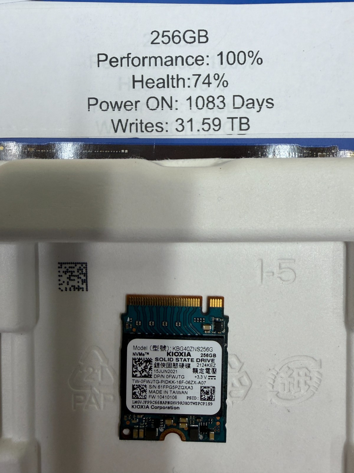 Kioxia 256GB M.2 2230 NVMe PCIe SSD (KBG40ZNS256G / DP/N 0FWJTG) - Tested