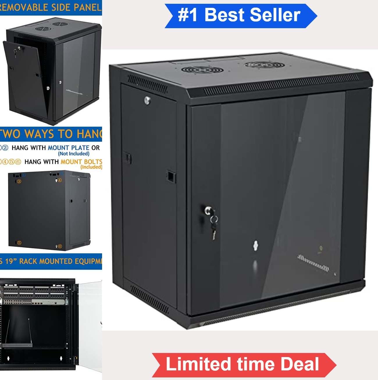 12U Wall Mount Server Cabinet Network Rack Enclosure Locking Glass Door Steel
