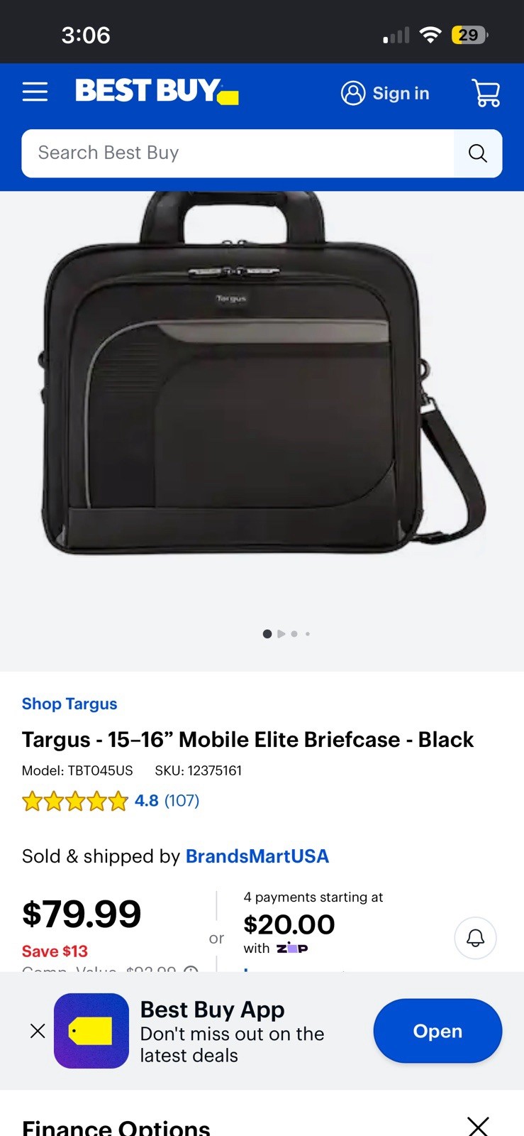 Targus Mobile Elite 15-16in Padded Laptop Briefcase Black TBT045US