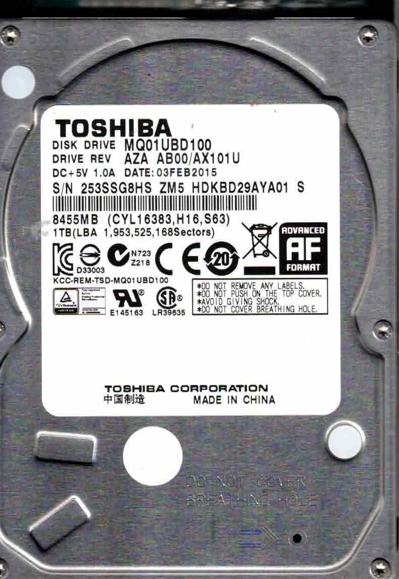 MQ01UBD100,  AZA AB00/AX101U, ZM5, HDKBD29AYA01 S,   TOSHIBA SATA  1TB  FEB 2015
